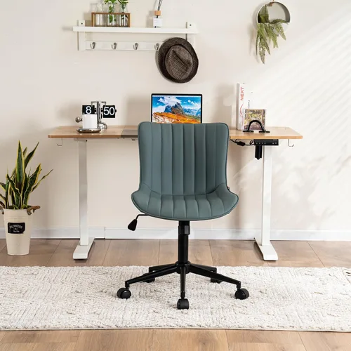 Miniatura 2 de YOUNIKE Silla ergonómica de oficina sin brazos, de piel sintética, pequeña y bonita silla de escritorio con respaldo mecedora de 12°, altura verde