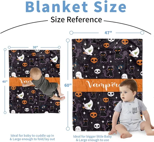 Miniatura 4 de Manta de bebé personalizada de Halloween, manta con nombre personalizado para niños pequeños, franela suave con respaldo de puntos de doble capa