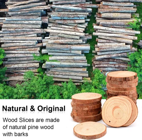 Miniatura 8 de Philorn Rebanadas de madera, 50 unidades de discos de madera de 2.4 a 2.8 pulgadas para manualidades, rebanadas de madera natural preperforadas sin