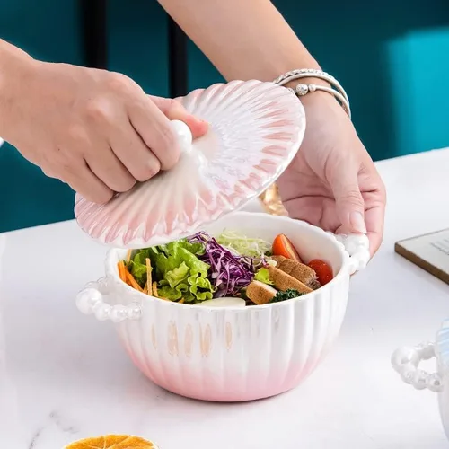 Miniatura 7 de Creamic - Tazón de yogur con tapa, 33 onzas, moderno, degradado, ligero, fiesta de lujo para ensaladas y frutas, vajilla de cocina, color rosa