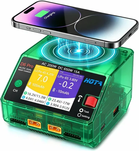 Miniatura 9 de HOTA D6 Pro Lipo Cargador de batería, doble canal 15A AC200W DC650W Cargador de equilibrio inteligente con panel de carga inalámbrico Salida USB