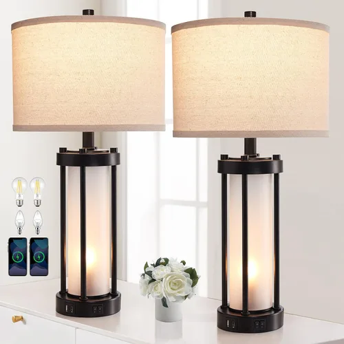 Miniatura 12 de Lámparas de mesa modernas para sala de estar, lámparas industriales de mesita con 2 puertos USB, lámpara rústica de mesita con luz nocturna