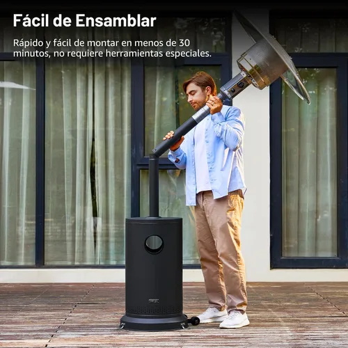 Miniatura 6 de EAST OAK Calentador de patio de 50,000 BTU para uso al aire libre con diseño de mesa redonda, quemador de acero inoxidable de doble capa, ruedas