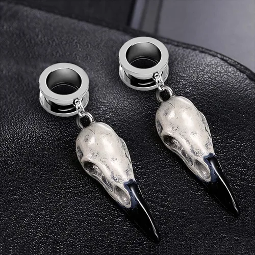 Miniatura 4 de 2 pendientes de dilatación de oreja para dilatadores de oídos, dilatadores de oído, joyería corporal, cuervo, cráneo de cuervo, dilataciones de acero