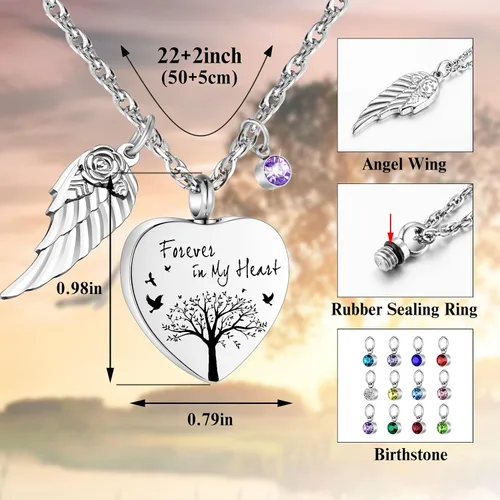 Miniatura 2 de Dletay Collar de urna de corazón para cenizas con 12 piedras natales, joyería de cremación para cenizas - Your Wings Were Ready My Heart Was Not