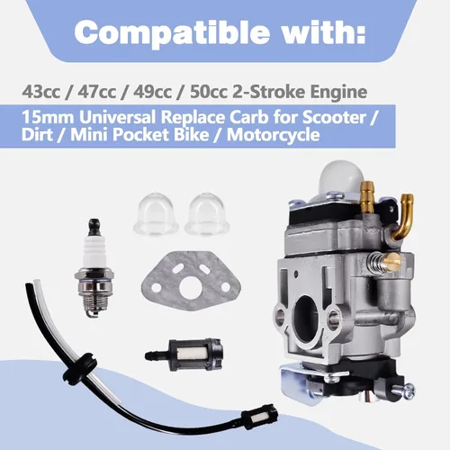 Miniatura 2 de Kit de carburador compatible con scooter de 43cc 47cc 49cc 50cc, motocicleta dirt bike, mini motocicleta de bolsillo, motor de 2 tiempos de 15mm