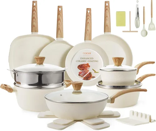 26 piezas de ollas y sartenes de cerámica antiadherentes, juego de utensilios de cocina no tóxico compatible con inducción con vaporeras, sin Blanco