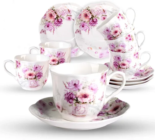 GuangYang Juego de 6 tazas de té y platillos de porcelana de 7 onzas, patrón floral morado (perfecto para capuchino, café blanco plano, americano,