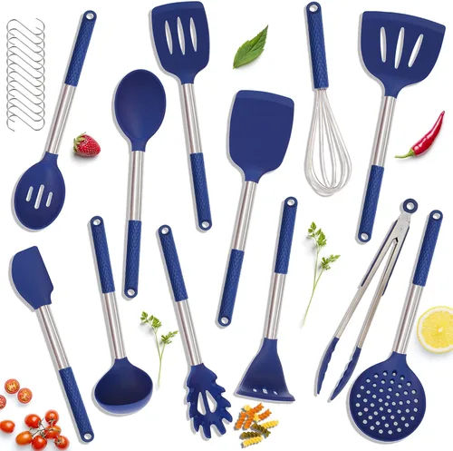 Juego de utensilios de cocina de silicona, 12 piezas, antiadherentes, resistentes al calor, con mango de acero inoxidable, color azul