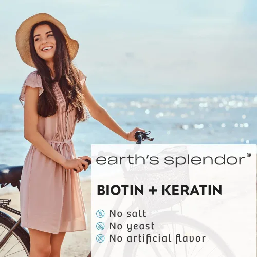 Miniatura 4 de Earth's Splendor Biotina 10,000 mcg + queratina de 25 mg, promueve un cabello saludable, uñas fuertes y soporte para la piel, suministro para 60 días