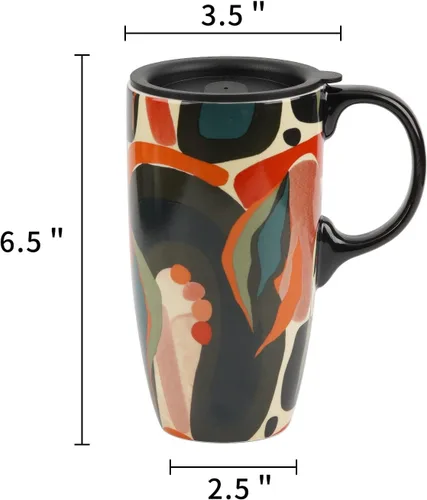Miniatura 2 de Taza de café de cerámica de 17 onzas con tapa y caja de regalo, taza de té de porcelana floral abstracta moderna, apta para microondas y Colorido