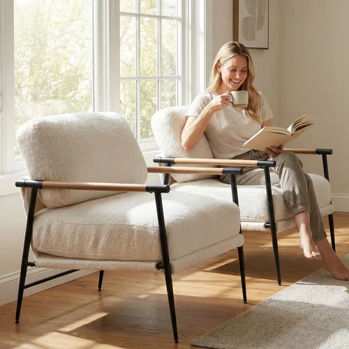 Miniatura 11 de LukeAlon Silla decorativa de chenille de mediados de siglo, silla ultra suave para sala de estar con patas de metal, silla moderna de estar