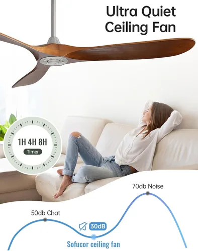 Miniatura 5 de Sofucor Ventilador de techo de 60 pulgadas con control remoto, níquel cepillado y nogal claro, 3 aspas de madera, motor CC reversible, temporizador