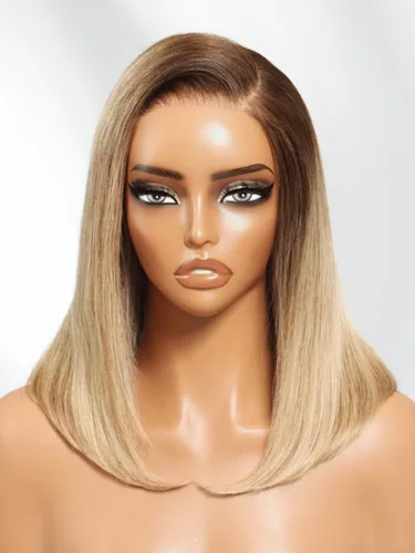 Miniatura 6 de Pelucas de cabello humano Bob de Beauty Forever, rubia con raíces marrones, parte lateral, corte recto, 7x5 encaje HD, adiós a los nudos, peluca Bob