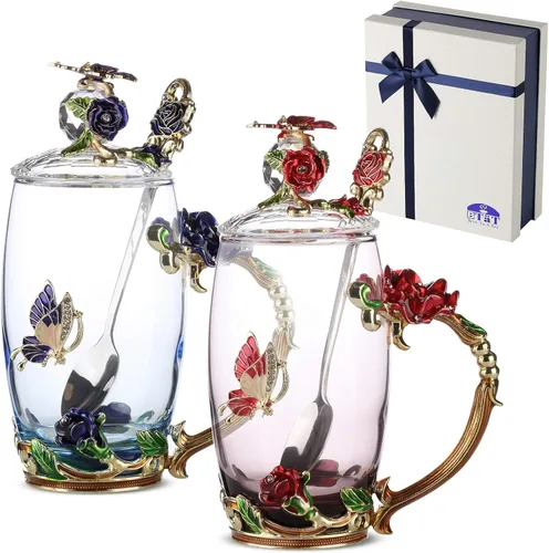 BTaT- Juego de tazas de té de vidrio floral con cuchara y tapa, paquete de 2, 11 onzas, azul y rojo, diseño de mariposa y flor con caja de regalo,