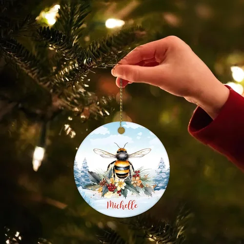 Miniatura 5 de Hyturtle Adorno de Navidad personalizado, con nombre personalizado, círculo de cerámica, para amantes de las abejas, decoración de árbol, regalo