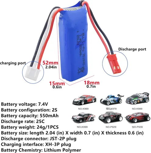 Miniatura 2 de sea jump Batería de litio de 7.4V 550mAh para wltoys K969 K979 K989 K999 P929 P939 284131 Accesorios de coche RC de alta velocidad Batería de litio