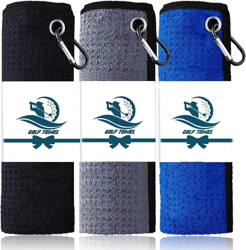 FINGER TEN Toalla de golf de microfibra para bolsas de golf para hombres y mujeres con clip de 15.7 x 15.7 pulgadas, juego en gris, negro, azul,