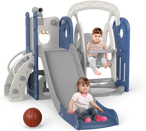 Miniatura 13 de kinbor Juego de toboganes 8 en 1 para niños pequeños, tobogán para niños con aro de baloncesto, juego para niños con escaleras fáciles de subir