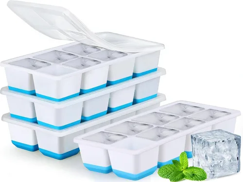 Miniatura 14 de Bandejas grandes para cubitos de hielo con tapa, paquete de 2 moldes apilables de silicona para congelador, fácil liberación, 16 bandejas de hielo