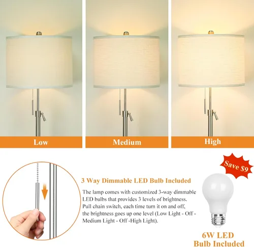 Miniatura 6 de Lámpara de pie de níquel cepillado para sala de estar, lámpara de pie ajustable con base de metal, lámpara de poste alto regulable de 3 vías