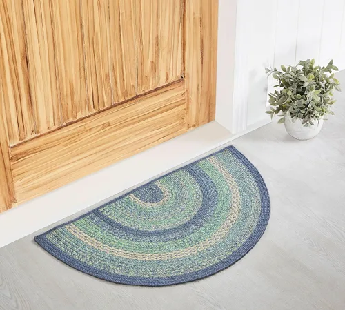 VHC Brands Jolie Farmhouse - Alfombra decorativa de 19.5 x 36 pulgadas, textura azul de yute a rayas, medio círculo, decoración para el suelo