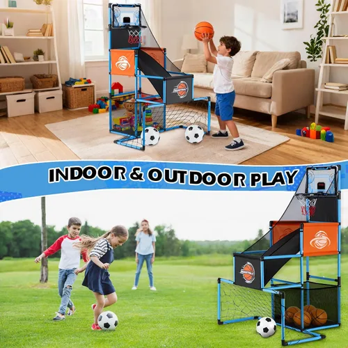 Miniatura 4 de Juego de Arcade de Baloncesto y Portería de Fútbol 2 en 1 para Niños, Aro de Baloncesto Ajustable para Niños con 6 Pelotas y Bomba