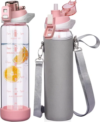Botella de agua deportiva de vidrio de 32 onzas con popote y marcador de tiempo, botella de vidrio motivacional reutilizable grande para agua Rosa