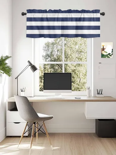 Miniatura 4 de Cortinas de cenefas a rayas blancas y azul marino para cocina, cafetería, cenefa de ventana de rayas modernas náuticas, cortinas cortas de 42 x 12