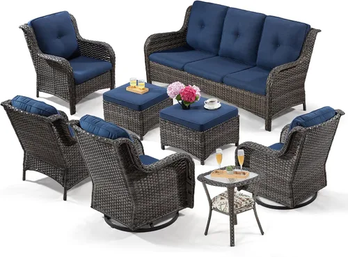 Miniatura 60 de Juego de 2 sillas de patio giratorias de 360 grados para exteriores y mesa auxiliar a juego – 3 sillas deslizantes de mimbre para patio con cojines