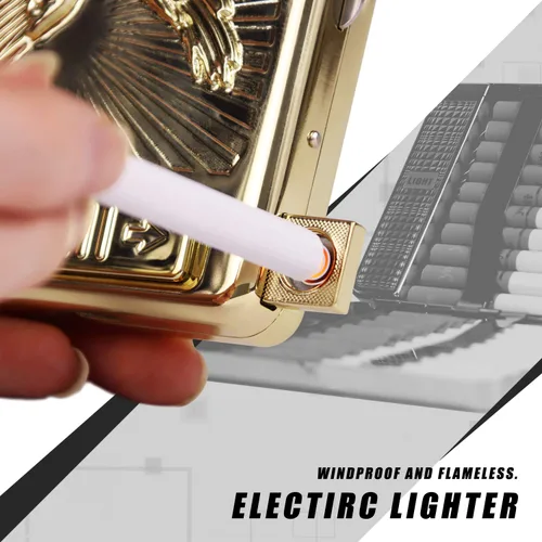 Miniatura 4 de Juego de 20 fundas de metal para cigarrillos, encendedor de arco con águila 3D recargable, encendedor de arco eléctrico, resistente al viento, sin