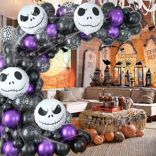 Miniatura 6 de Kit de guirnalda de arco de globos para decoración de Halloween, 101 piezas de globos de látex de confeti morado metálico y negro mate, con globos