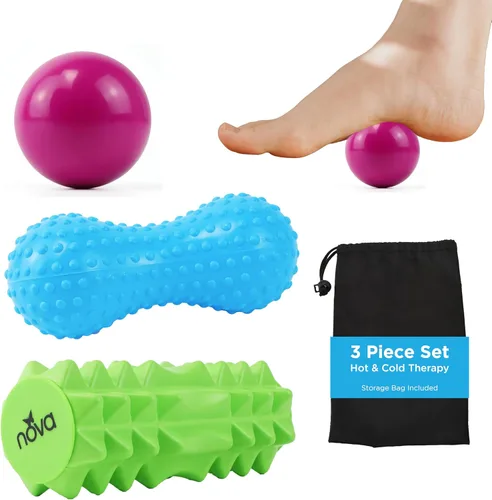 NOVA Juego de rodillos de masaje 3 en 1 en frío y caliente, rodillo de pie, bola de gel y rodillo de maní para fascitis plantar, dolor de espalda,
