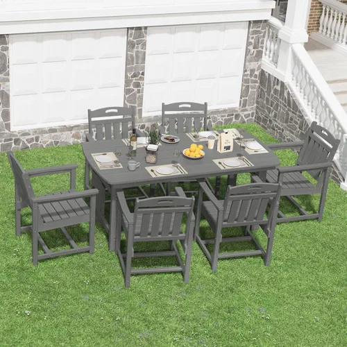 Miniatura 8 de Juego de comedor de patio al aire libre de HDPE con mesa y 6 sillas, juego de mesa y sillas de 7 piezas para todo clima, agujero para sombrilla de 2