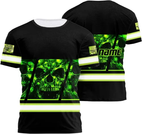 Miniatura 21 de Camisa de Alta Visibilidad con Cráneo para Hombre, Camisas Reflectantes de Seguridad con Bandera de EE. UU., Nombre Personalizado para Ropa