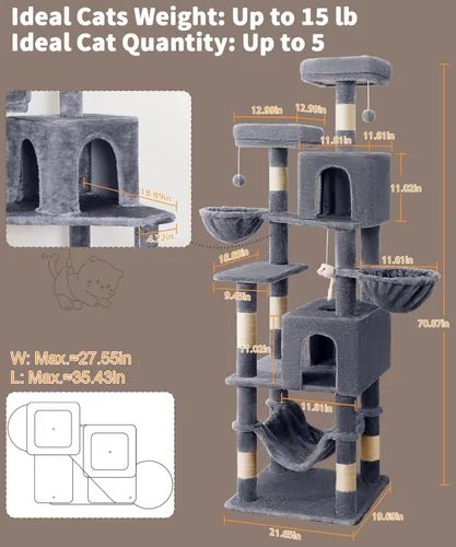 Miniatura 2 de AMHANCIBLE PT18GY - Árbol para gatos, torre para gatos de interior de 70 pulgadas de alto, árbol para gatos de varios niveles con poste rascador