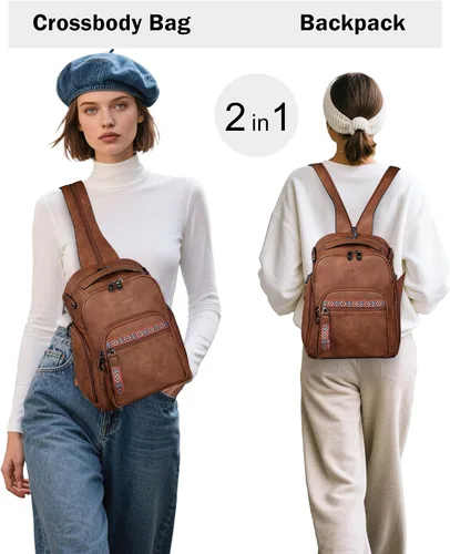 Miniatura 2 de FADEON Bolso bandolera grande para mujer, bolso cruzado de cuero de diseñador, mochila convertible, mochila antirrobo para viajes, 1 estilo retro 1