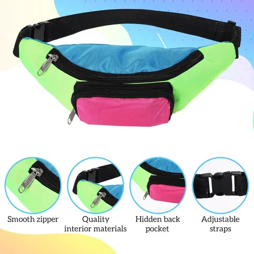 Miniatura 2 de Riñonera ajustable retro con dos bolsillos, riñonera de neón retro de los años 80 para festivales de vacaciones de los años 80 para mujeres y hombres