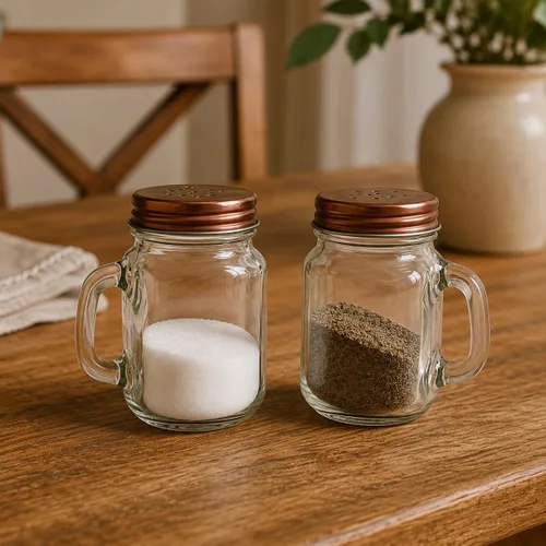 Miniatura 2 de Mason Jar - Juego de saleros y pimenteros de 4 onzas con asas, tapas de tono cobre, estilo rústico, estilo granja, cocina, comedor