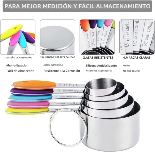 Miniatura 4 de TILUCK Juego de tazas medidoras y cucharas medidoras magnéticas, tazas medidoras de acero inoxidable, 6 cucharas medidoras de acero inoxidable