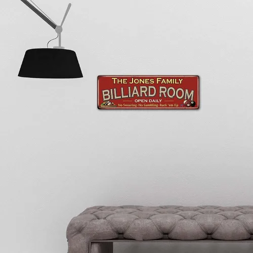 Miniatura 5 de Letrero de metal rojo personalizado para sala de billar, letreros de pared, ideas decoraciones, juegos, piscina, retro, sala de juegos, placa