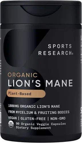 Sports Research® Suplemento orgánico de hongo de melena de león de 1800 mg - Salud cerebral, concentración y apoyos cognitivos - Certificado