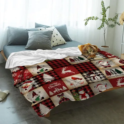 Miniatura 2 de Manta de franela a cuadros rojos de Navidad súper suave, mantas de forro polar de reno, Santa, muñeco de nieve, árbol de Navidad, manta afelpada