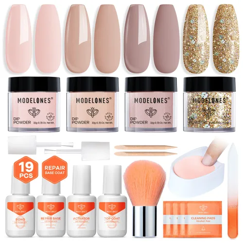 Miniatura 10 de Modelones - Kit de polvo de inmersión para uñas, 4 colores transparente, nude, blanco, rosa, set de iniciación con líquido y accesorios completos