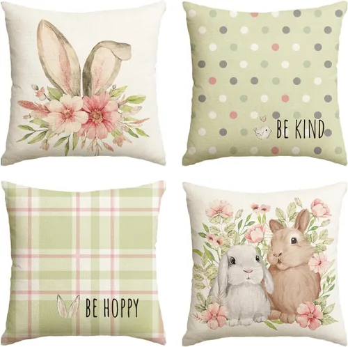 Miniatura 9 de AVOIN colorlife Juego de 4 fundas de cojín de Pascua con diseño de búfalo y flor de conejo de Pascua Be Hoppy Bule, 18 x 18 pulgadas, diseño