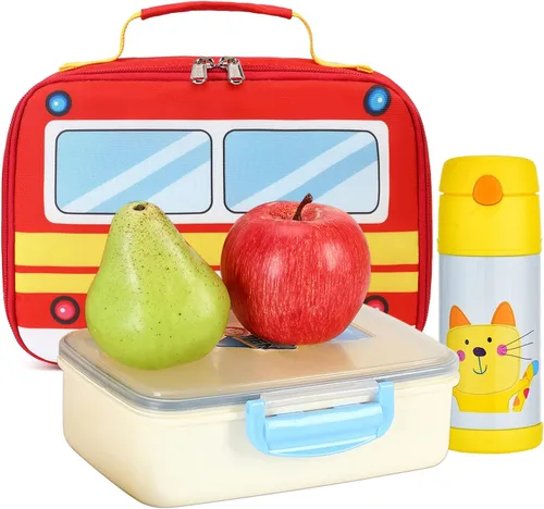 Miniatura 9 de Mochila para niños pequeños, preescolar, autobús, bolsa de libros 3D para jardín de infantes con lonchera aislante