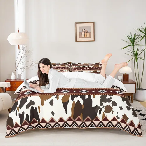 Miniatura 10 de Juego de ropa de cama de piel de vaca, funda de edredón con estampado de vaca de las tierras altas, tamaño individual, funda de edredón tribal
