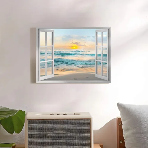 Miniatura 4 de Arte de Lienzo de Ventana Abierta para Pared: Paisaje Costero de Playa al Atardecer Vista de Ventana Falsa Imagen Olas Azules del Océano Pintura