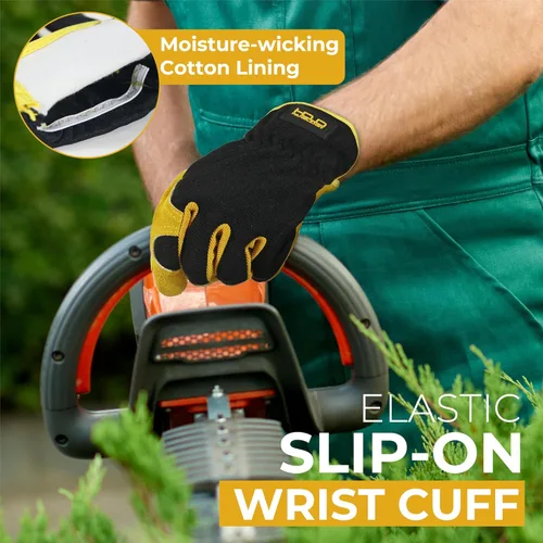Miniatura 4 de HANDLANDY Guantes de jardinería de cuero para hombre, guantes de trabajo utilitarios para mecánicos, construcción, conductor 3 pares amarillo