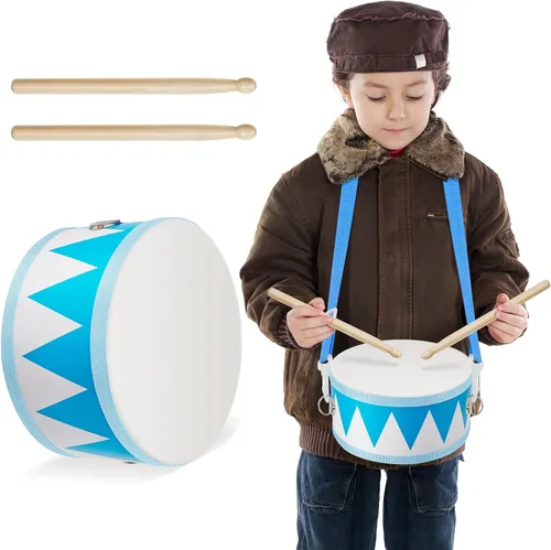 Miniatura 8 de Juego de batería para niños, batería de madera de 8 pulgadas con correa ajustable, 2 baquetas, juego de instrumentos musicales sensoriales